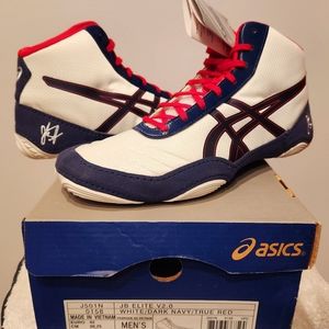 ASICS JB Elite V2.0 J501N-0158 white/Dark navy/true red size 9.5 Wrestling mat